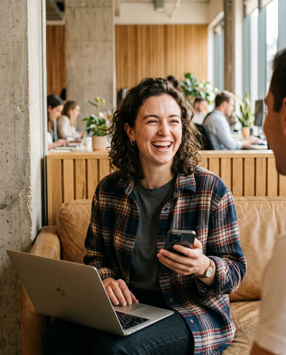 Generated image: a smiling engineer on a sofa with a laptop and phone in a bright co-working space